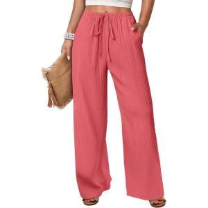 imageANRABESS Womens Wide Leg Beach Pants Elastic Waist Lightweight Casual Flowy Palazzo Lounge Trousers with PocketsCoral
