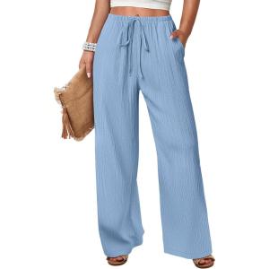 imageANRABESS Womens Wide Leg Beach Pants Elastic Waist Lightweight Casual Flowy Palazzo Lounge Trousers with PocketsLight Blue