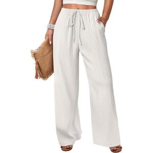 imageANRABESS Womens Wide Leg Beach Pants Elastic Waist Lightweight Casual Flowy Palazzo Lounge Trousers with PocketsOffwhite