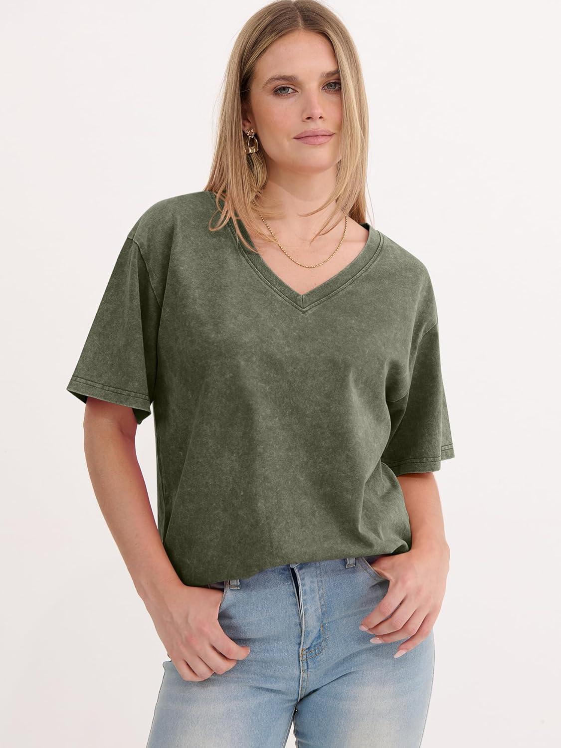 imageANRABESS Womens Oversized Acid Washed TShirt Short Sleeve Vintage Casual V Neck Tops 2026 Summer Basic Tee Trendy ClothesArmy Green