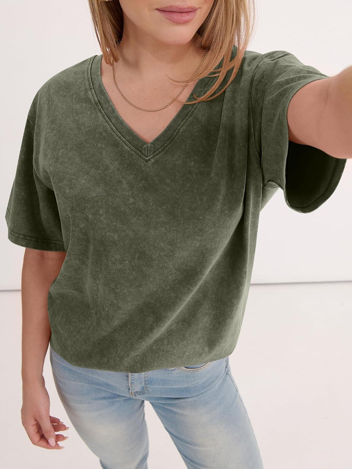 imageANRABESS Womens Oversized Acid Washed TShirt Short Sleeve Vintage Casual V Neck Tops 2026 Summer Basic Tee Trendy ClothesArmy Green