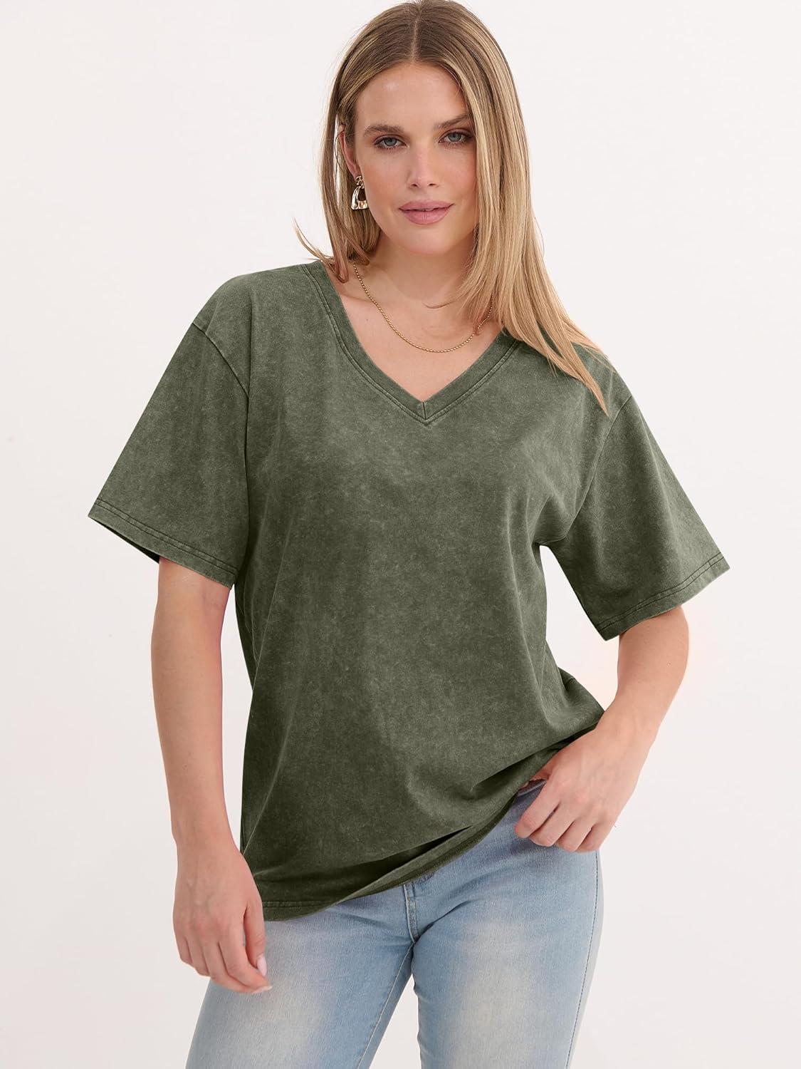 imageANRABESS Womens Oversized Acid Washed TShirt Short Sleeve Vintage Casual V Neck Tops 2026 Summer Basic Tee Trendy ClothesArmy Green