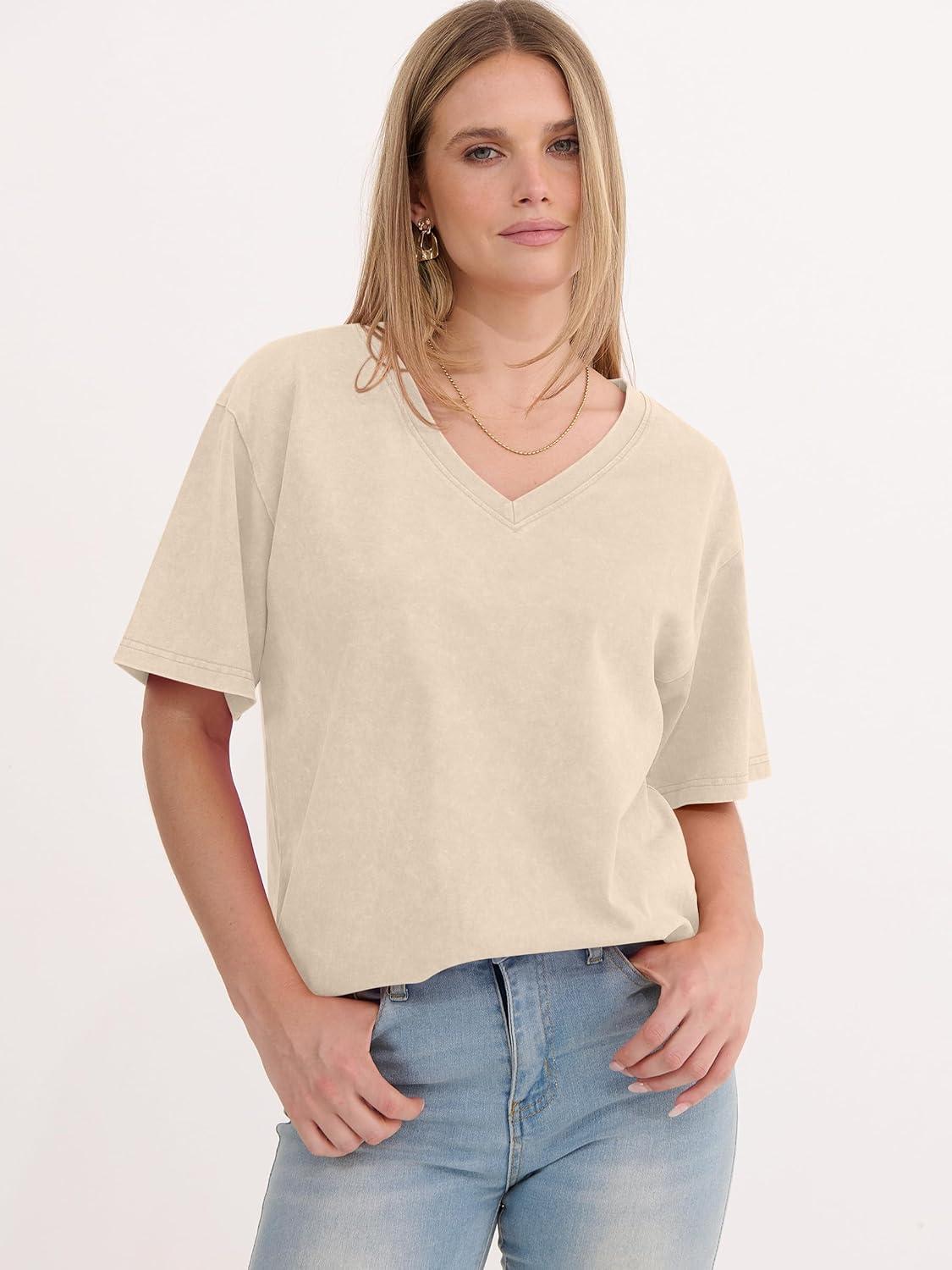 imageANRABESS Womens Oversized Acid Washed TShirt Short Sleeve Vintage Casual V Neck Tops 2026 Summer Basic Tee Trendy ClothesBeige
