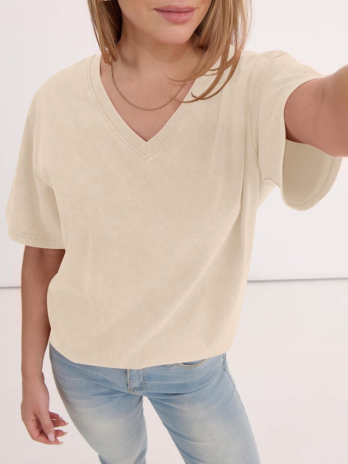 imageANRABESS Womens Oversized Acid Washed TShirt Short Sleeve Vintage Casual V Neck Tops 2026 Summer Basic Tee Trendy ClothesBeige