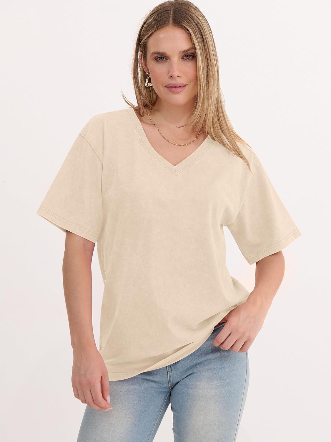 imageANRABESS Womens Oversized Acid Washed TShirt Short Sleeve Vintage Casual V Neck Tops 2026 Summer Basic Tee Trendy ClothesBeige