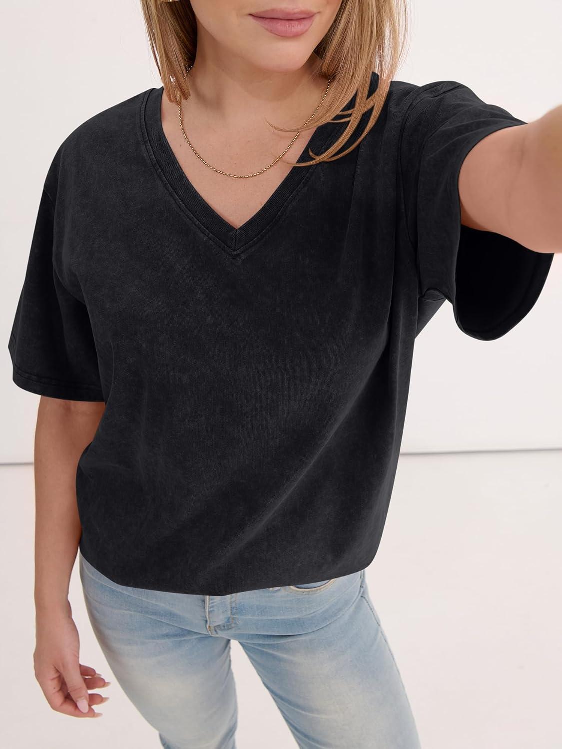 imageANRABESS Womens Oversized Acid Washed TShirt Short Sleeve Vintage Casual V Neck Tops 2026 Summer Basic Tee Trendy ClothesBlack