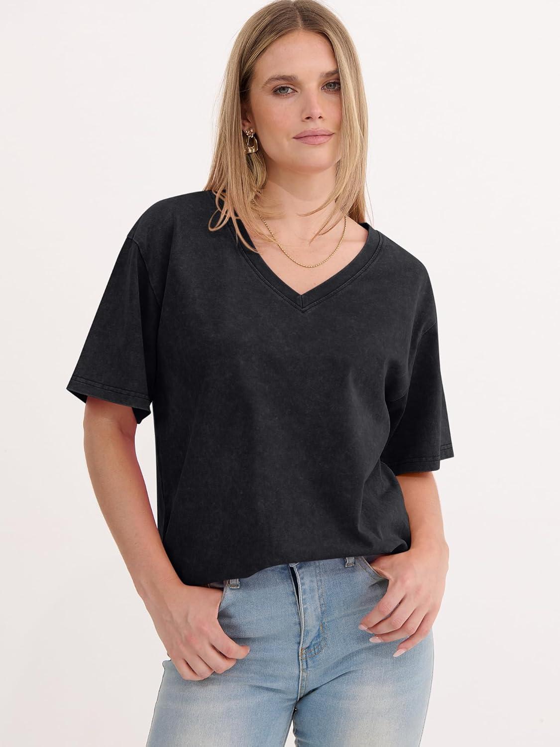imageANRABESS Womens Oversized Acid Washed TShirt Short Sleeve Vintage Casual V Neck Tops 2026 Summer Basic Tee Trendy ClothesBlack