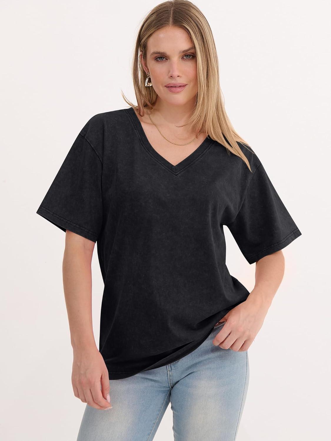 imageANRABESS Womens Oversized Acid Washed TShirt Short Sleeve Vintage Casual V Neck Tops 2026 Summer Basic Tee Trendy ClothesBlack