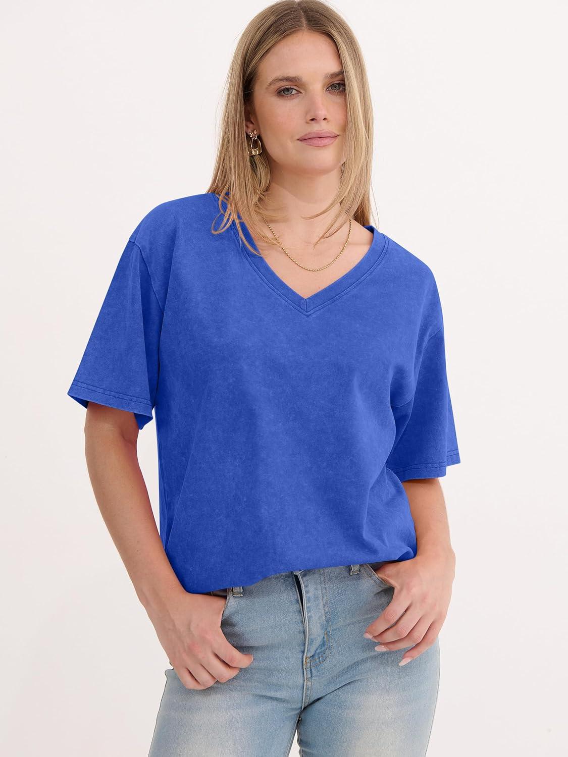 imageANRABESS Womens Oversized Acid Washed TShirt Short Sleeve Vintage Casual V Neck Tops 2026 Summer Basic Tee Trendy ClothesBlue