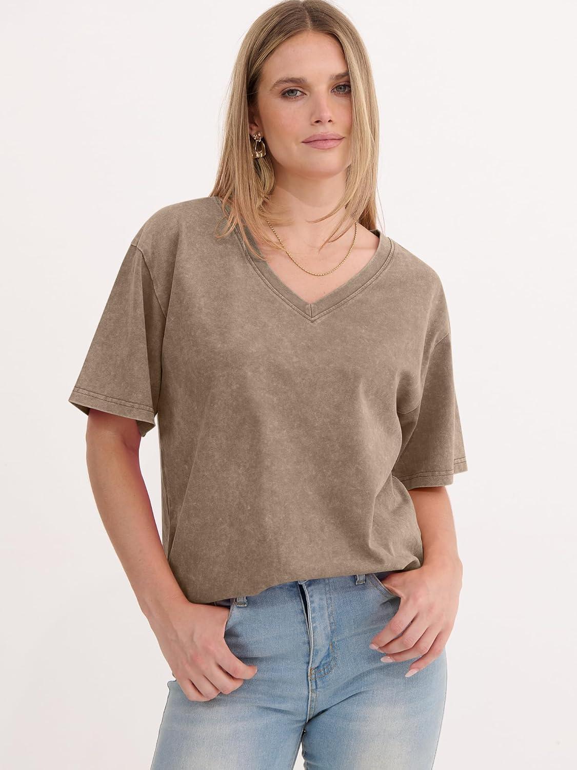 imageANRABESS Womens Oversized Acid Washed TShirt Short Sleeve Vintage Casual V Neck Tops 2026 Summer Basic Tee Trendy ClothesCoffee