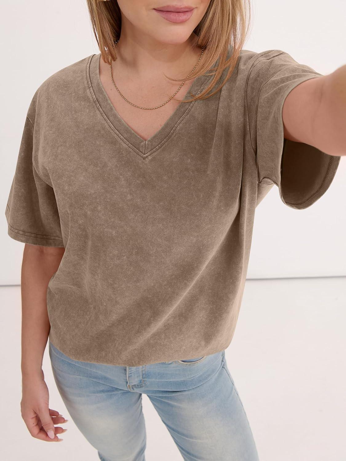imageANRABESS Womens Oversized Acid Washed TShirt Short Sleeve Vintage Casual V Neck Tops 2026 Summer Basic Tee Trendy ClothesCoffee