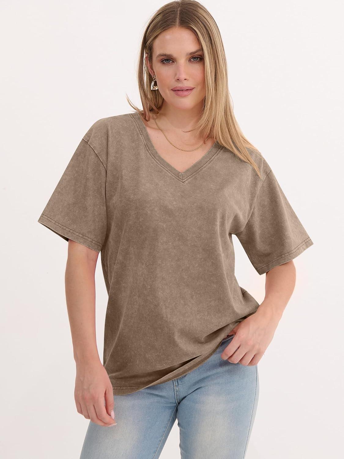 imageANRABESS Womens Oversized Acid Washed TShirt Short Sleeve Vintage Casual V Neck Tops 2026 Summer Basic Tee Trendy ClothesCoffee