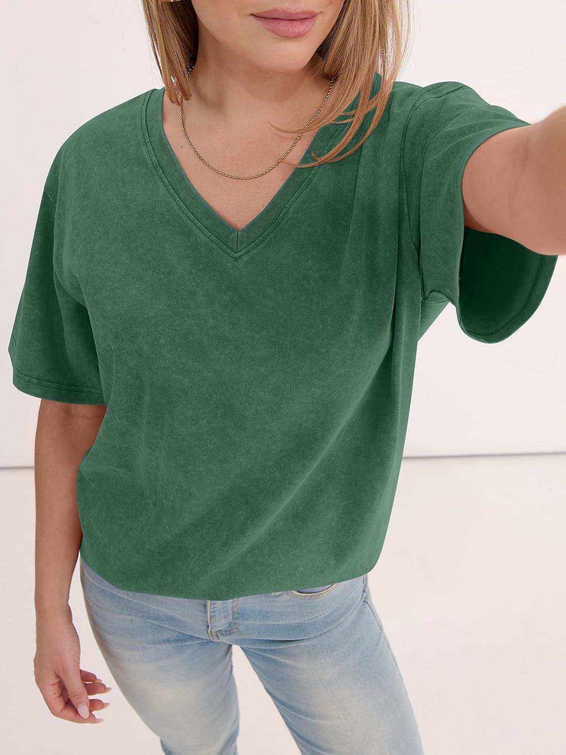 imageANRABESS Womens Oversized Acid Washed TShirt Short Sleeve Vintage Casual V Neck Tops 2026 Summer Basic Tee Trendy ClothesDark Green