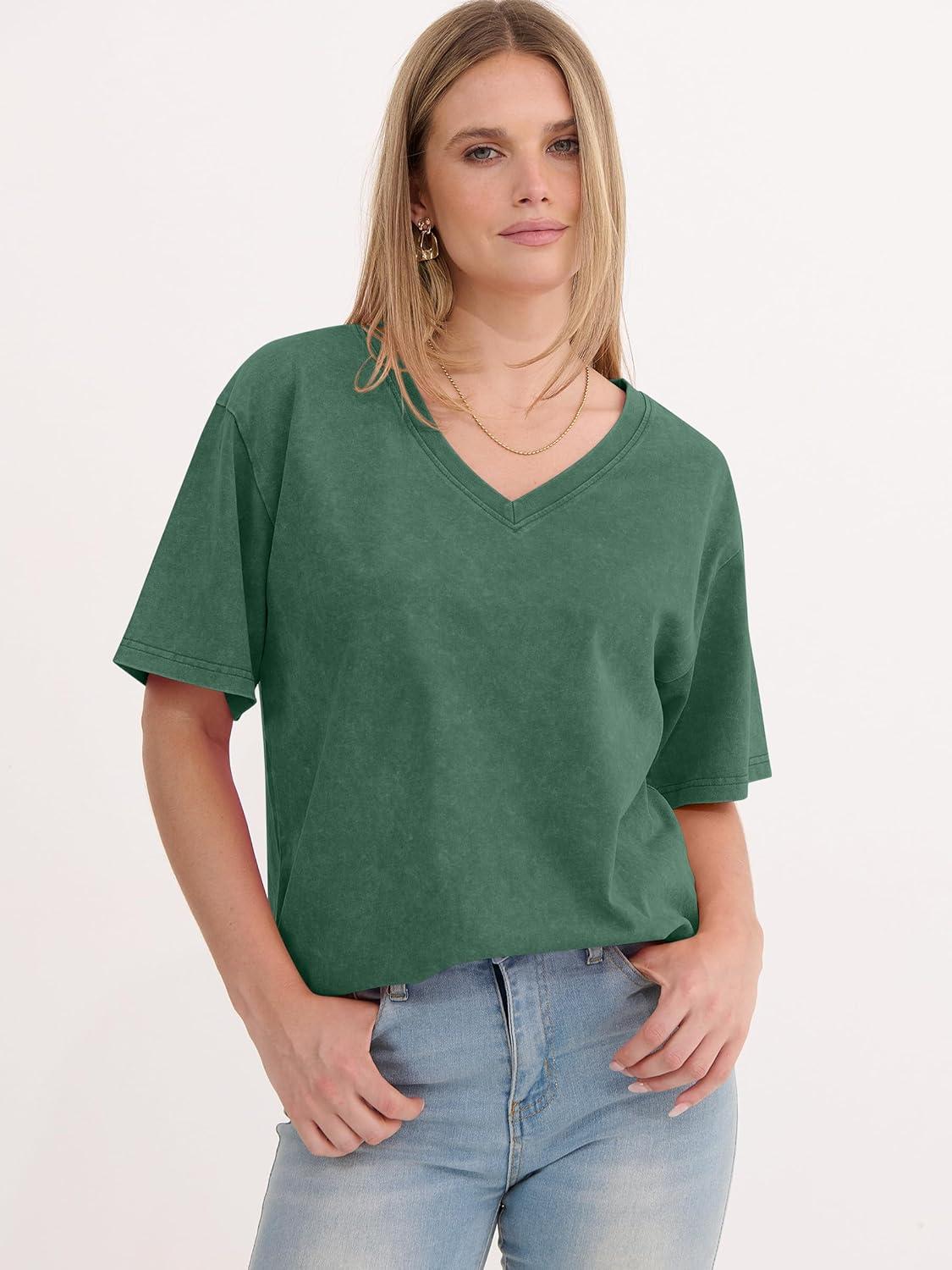 imageANRABESS Womens Oversized Acid Washed TShirt Short Sleeve Vintage Casual V Neck Tops 2026 Summer Basic Tee Trendy ClothesDark Green