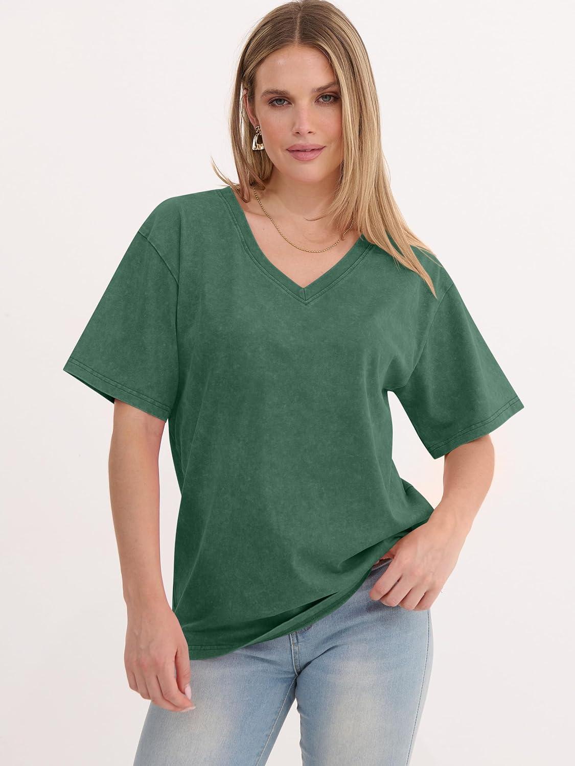 imageANRABESS Womens Oversized Acid Washed TShirt Short Sleeve Vintage Casual V Neck Tops 2026 Summer Basic Tee Trendy ClothesDark Green