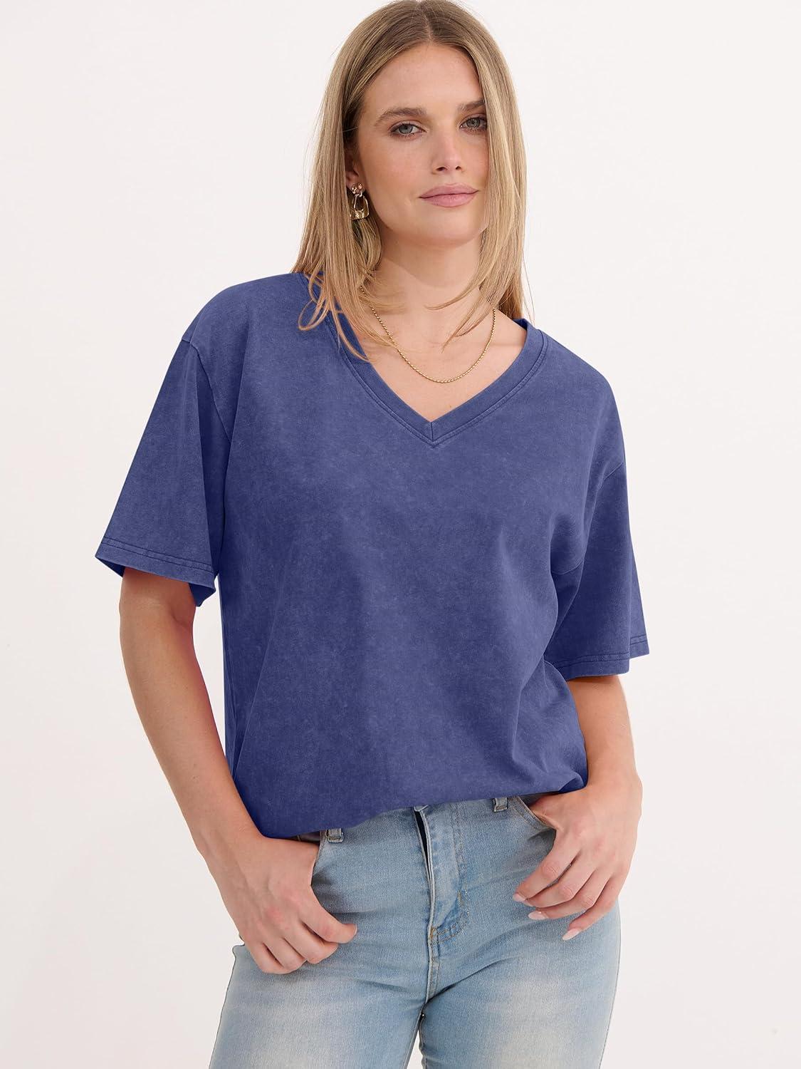 imageANRABESS Womens Oversized Acid Washed TShirt Short Sleeve Vintage Casual V Neck Tops 2026 Summer Basic Tee Trendy ClothesDeed Blue