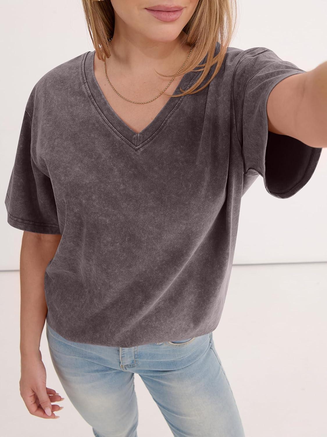 imageANRABESS Womens Oversized Acid Washed TShirt Short Sleeve Vintage Casual V Neck Tops 2026 Summer Basic Tee Trendy ClothesDeep Brown