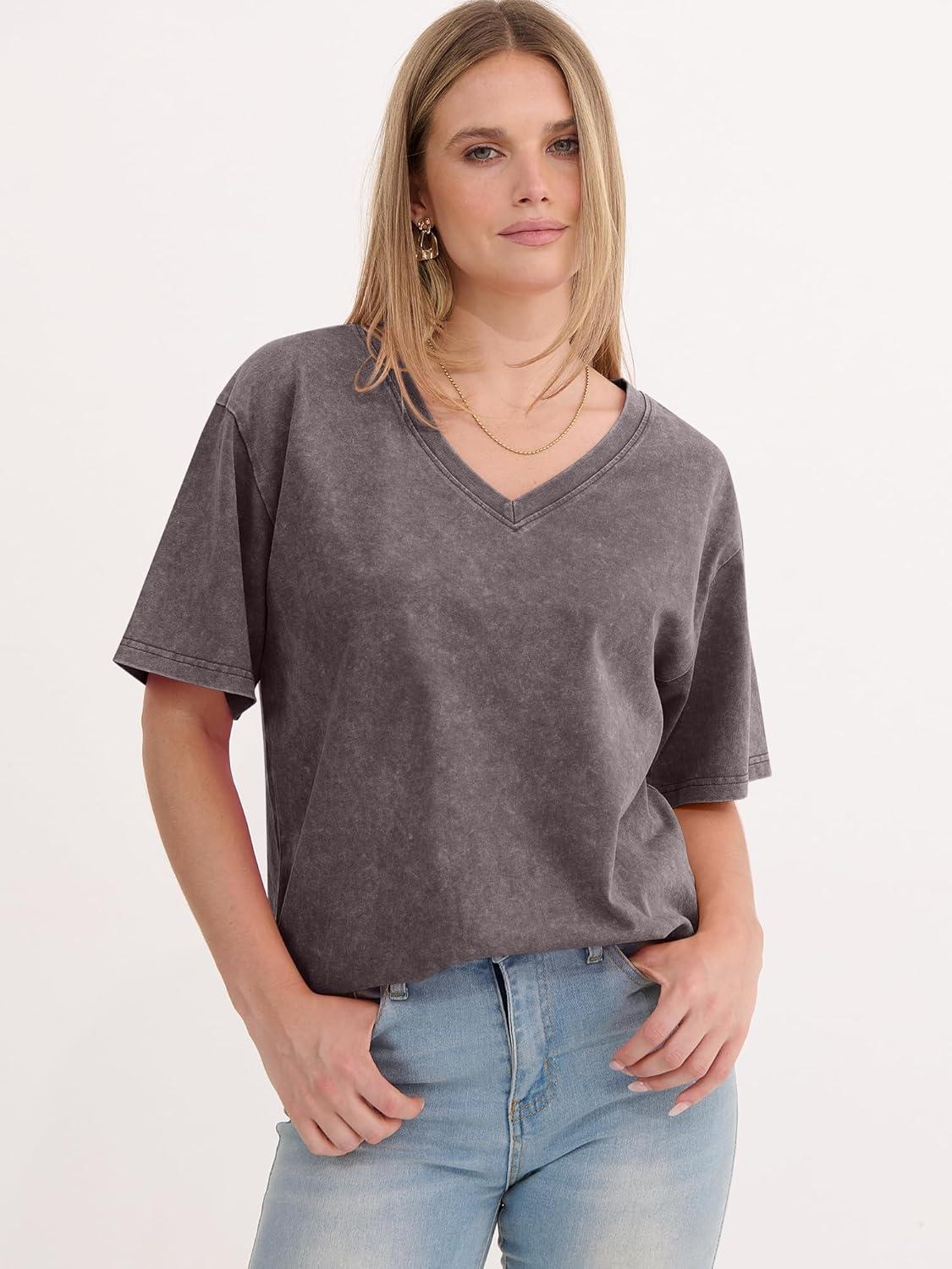 imageANRABESS Womens Oversized Acid Washed TShirt Short Sleeve Vintage Casual V Neck Tops 2026 Summer Basic Tee Trendy ClothesDeep Brown