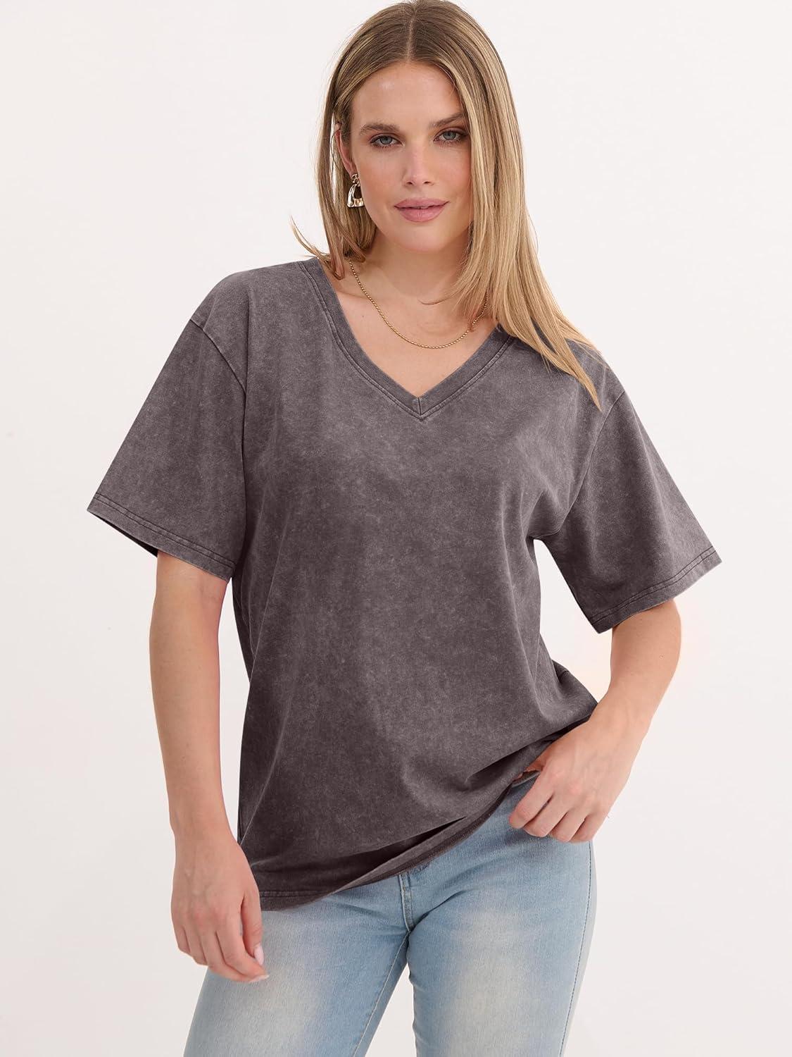 imageANRABESS Womens Oversized Acid Washed TShirt Short Sleeve Vintage Casual V Neck Tops 2026 Summer Basic Tee Trendy ClothesDeep Brown