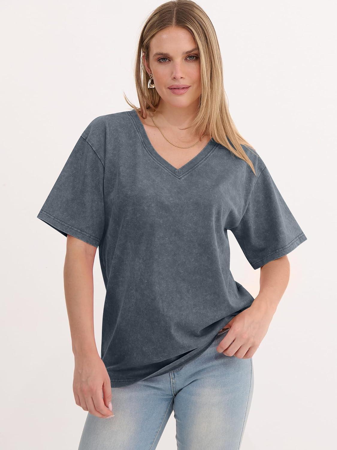 imageANRABESS Womens Oversized Acid Washed TShirt Short Sleeve Vintage Casual V Neck Tops 2026 Summer Basic Tee Trendy ClothesGrey