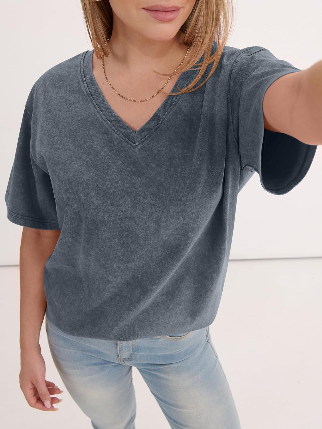imageANRABESS Womens Oversized Acid Washed TShirt Short Sleeve Vintage Casual V Neck Tops 2026 Summer Basic Tee Trendy ClothesGrey