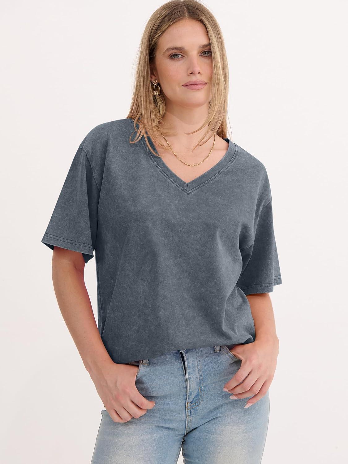 imageANRABESS Womens Oversized Acid Washed TShirt Short Sleeve Vintage Casual V Neck Tops 2026 Summer Basic Tee Trendy ClothesGrey