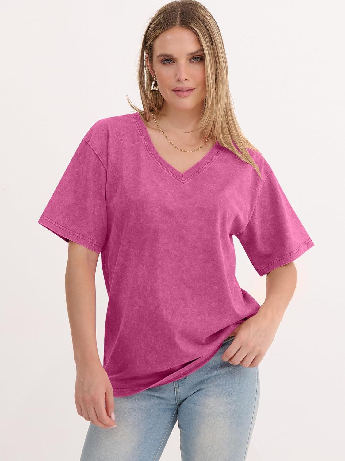 imageANRABESS Womens Oversized Acid Washed TShirt Short Sleeve Vintage Casual V Neck Tops 2026 Summer Basic Tee Trendy ClothesHot Pink