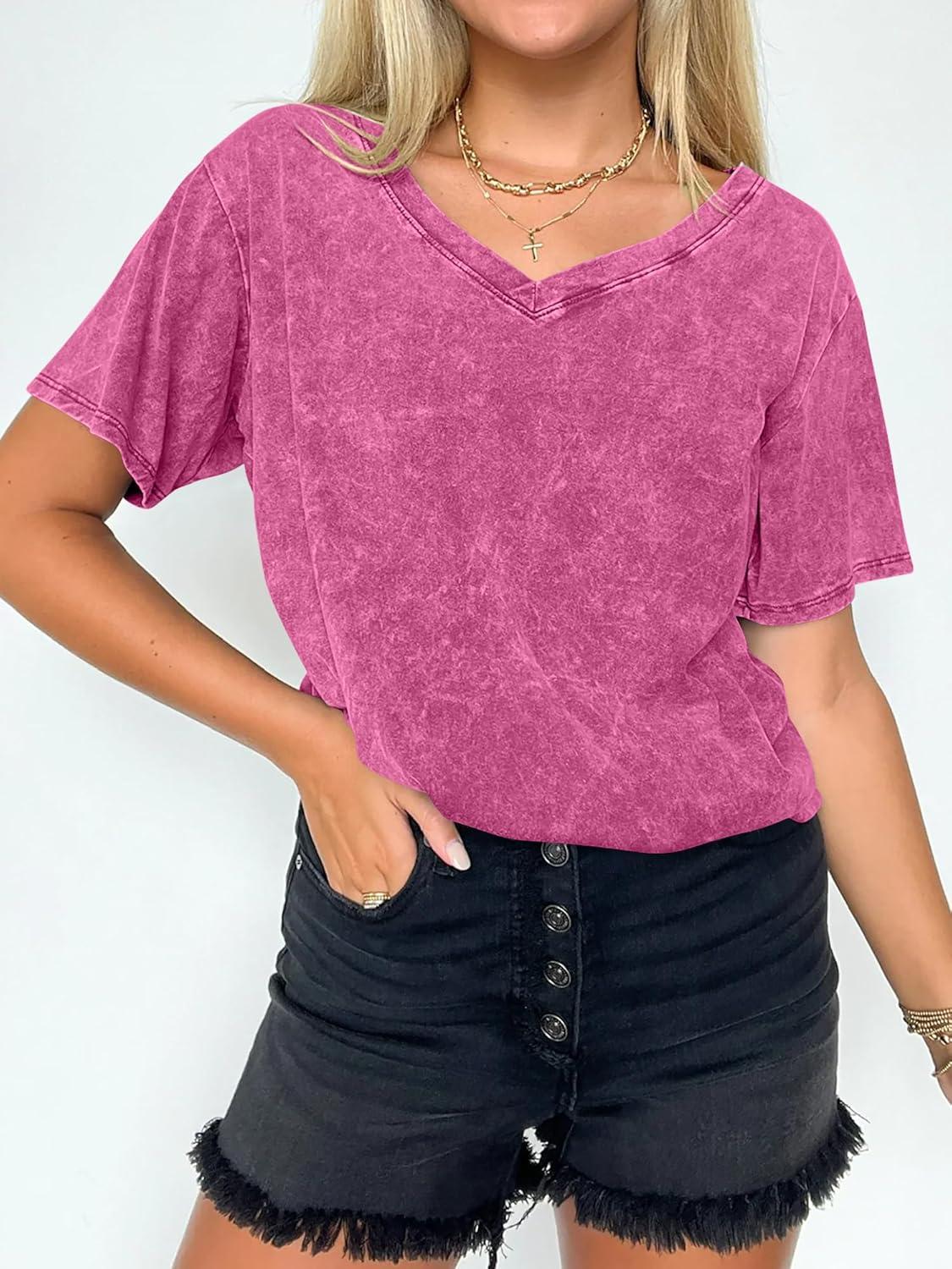 imageANRABESS Womens Oversized Acid Washed TShirt Short Sleeve Vintage Casual V Neck Tops 2026 Summer Basic Tee Trendy ClothesHot Pink