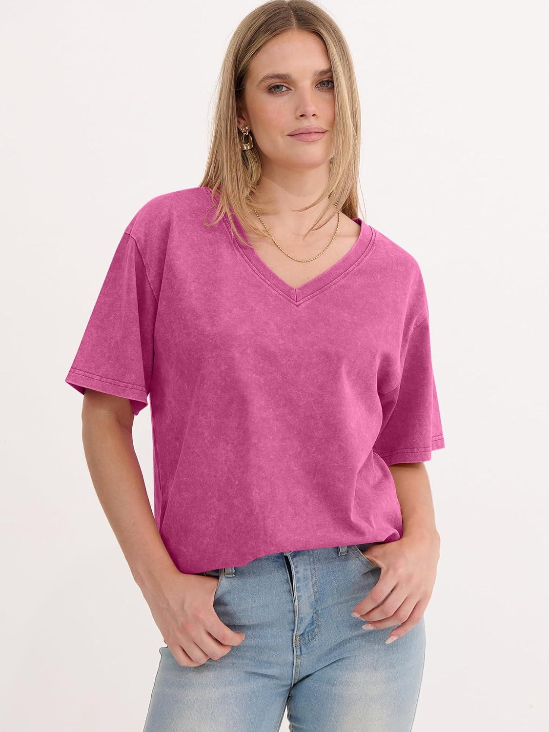 imageANRABESS Womens Oversized Acid Washed TShirt Short Sleeve Vintage Casual V Neck Tops 2026 Summer Basic Tee Trendy ClothesHot Pink