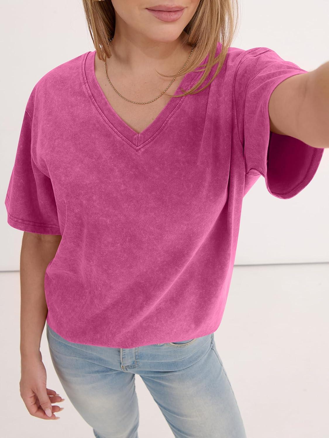 imageANRABESS Womens Oversized Acid Washed TShirt Short Sleeve Vintage Casual V Neck Tops 2026 Summer Basic Tee Trendy ClothesHot Pink