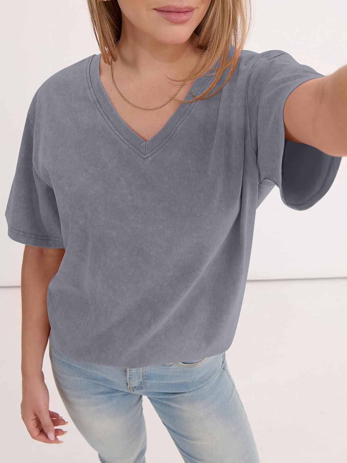 imageANRABESS Womens Oversized Acid Washed TShirt Short Sleeve Vintage Casual V Neck Tops 2026 Summer Basic Tee Trendy ClothesLight Grey