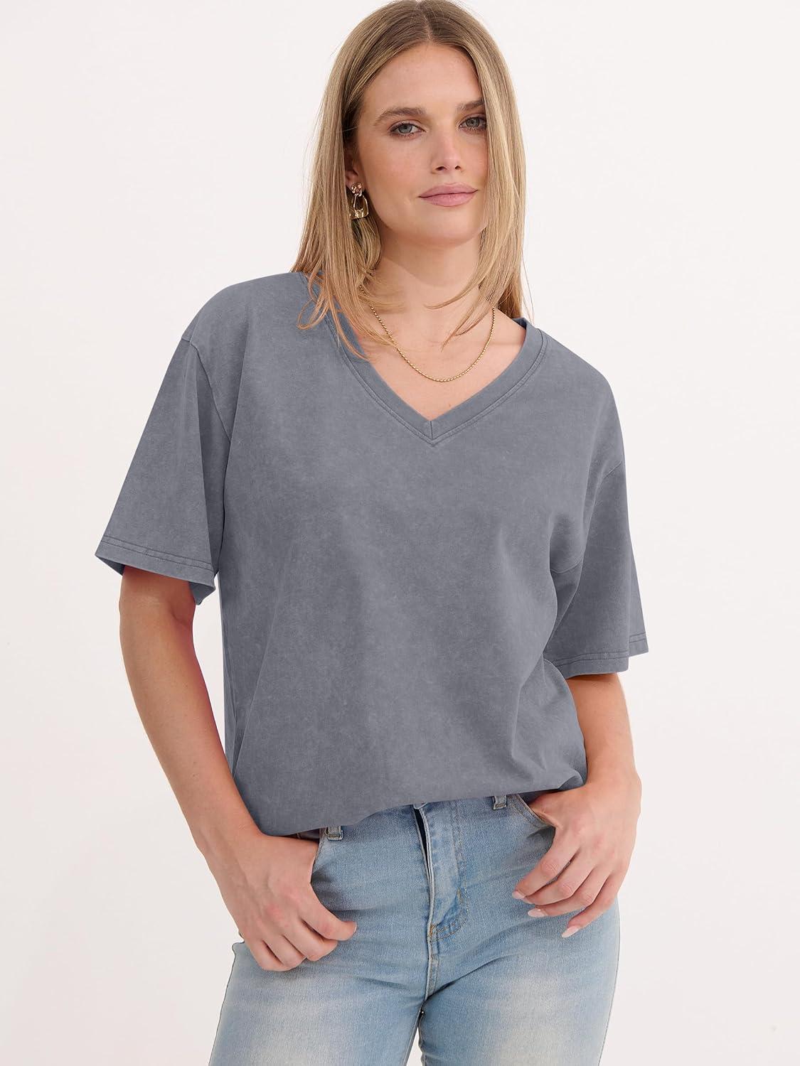 imageANRABESS Womens Oversized Acid Washed TShirt Short Sleeve Vintage Casual V Neck Tops 2026 Summer Basic Tee Trendy ClothesLight Grey
