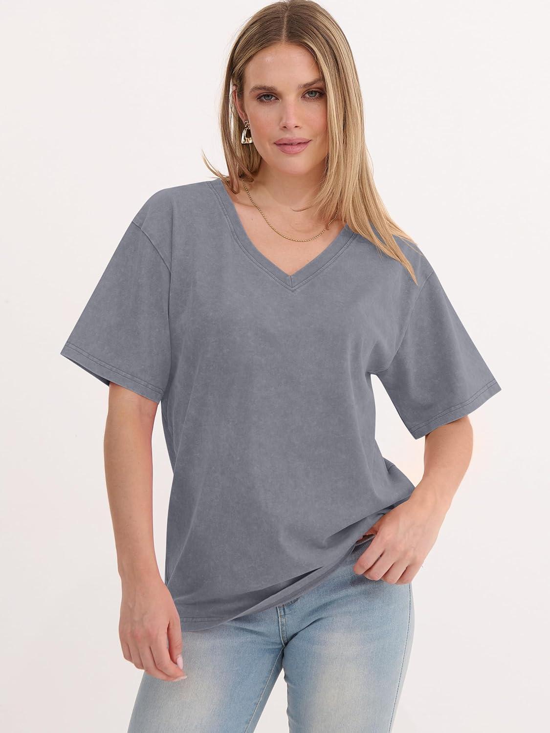 imageANRABESS Womens Oversized Acid Washed TShirt Short Sleeve Vintage Casual V Neck Tops 2026 Summer Basic Tee Trendy ClothesLight Grey
