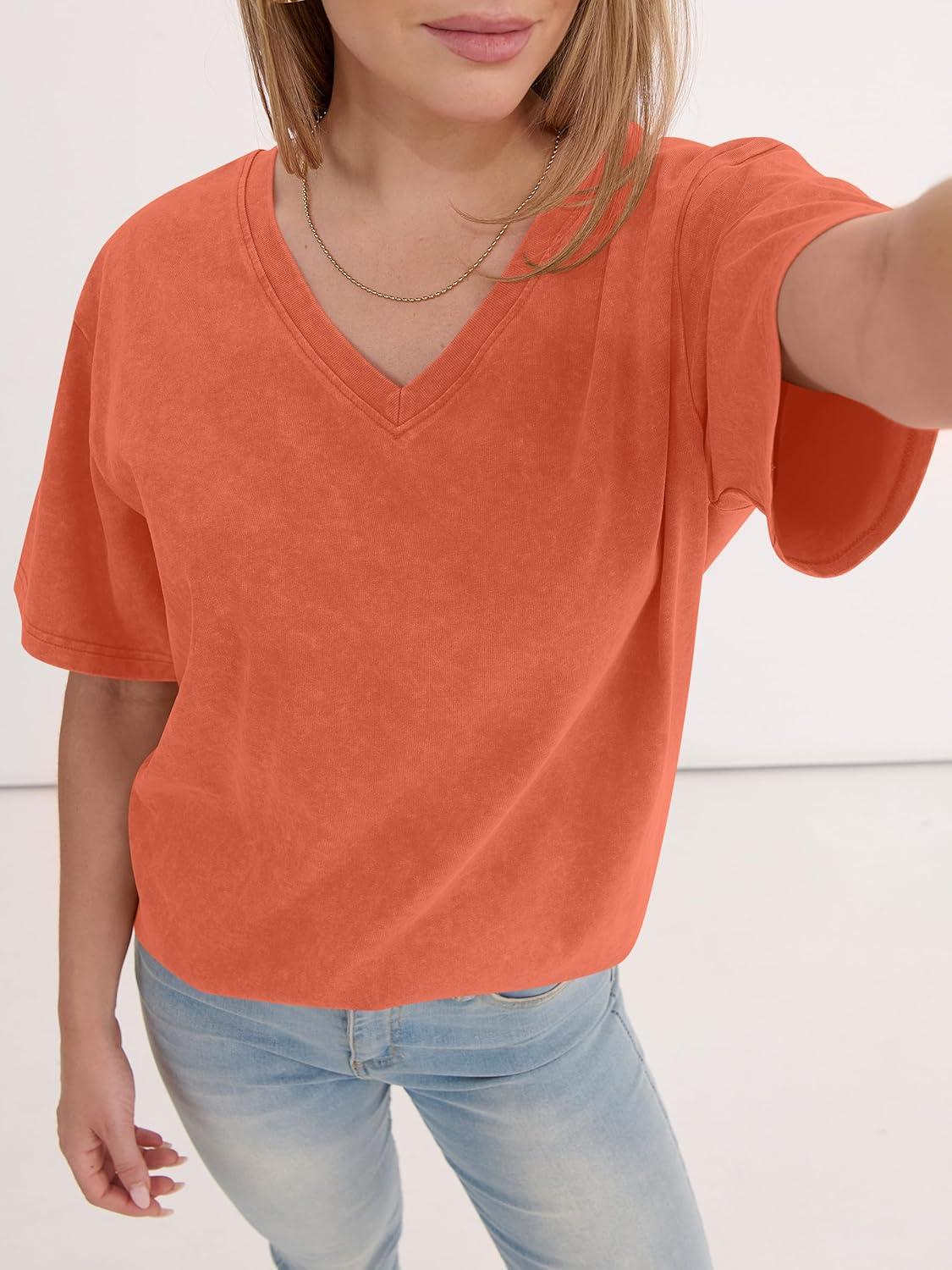 imageANRABESS Womens Oversized Acid Washed TShirt Short Sleeve Vintage Casual V Neck Tops 2026 Summer Basic Tee Trendy ClothesOrange