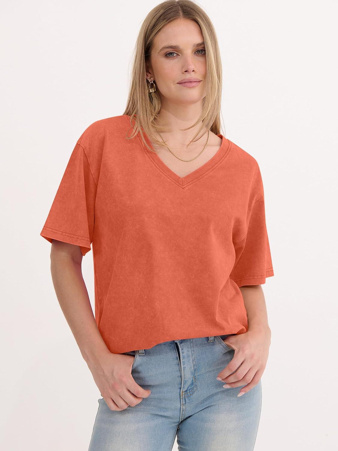 imageANRABESS Womens Oversized Acid Washed TShirt Short Sleeve Vintage Casual V Neck Tops 2026 Summer Basic Tee Trendy ClothesOrange