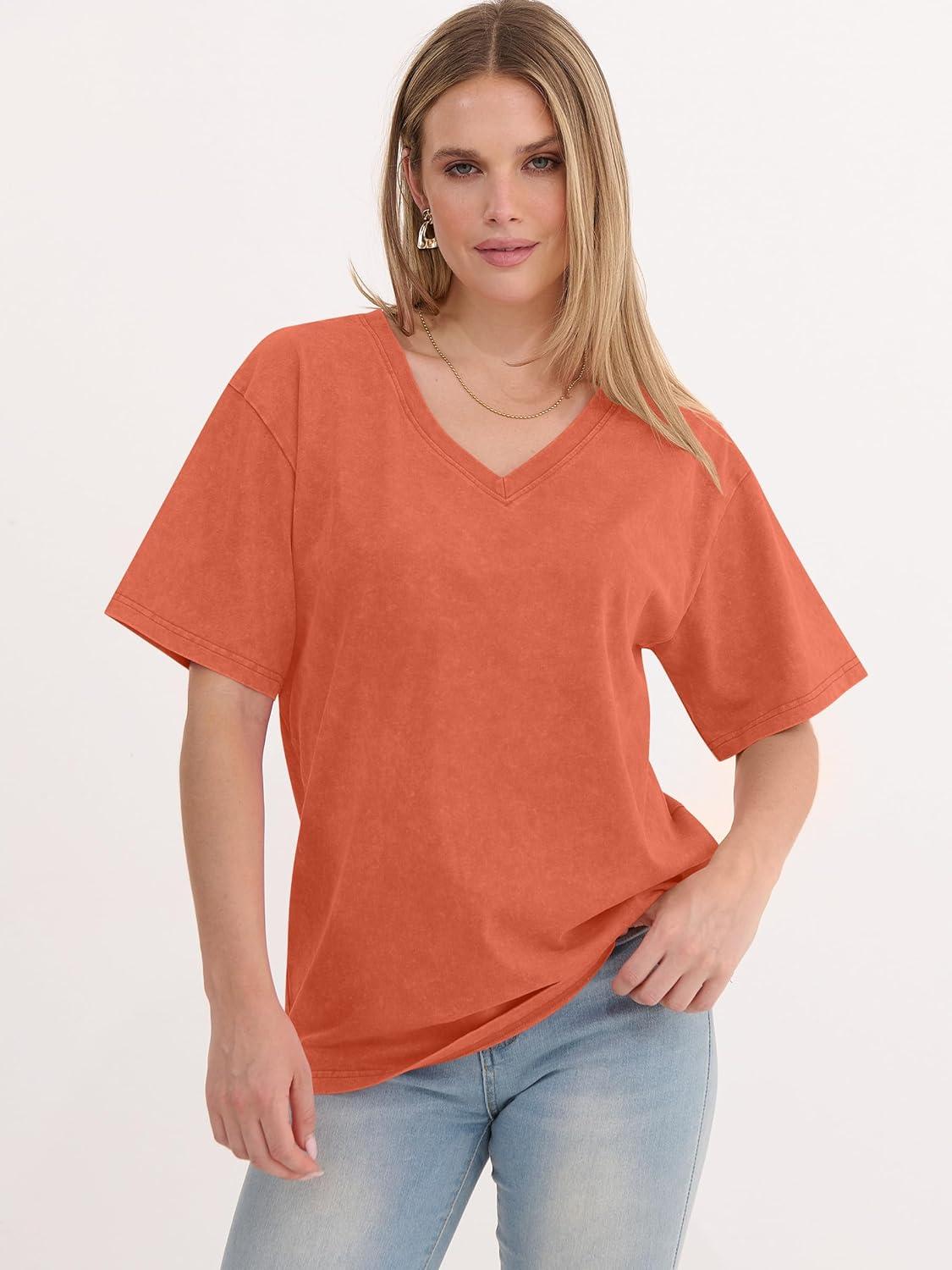 imageANRABESS Womens Oversized Acid Washed TShirt Short Sleeve Vintage Casual V Neck Tops 2026 Summer Basic Tee Trendy ClothesOrange
