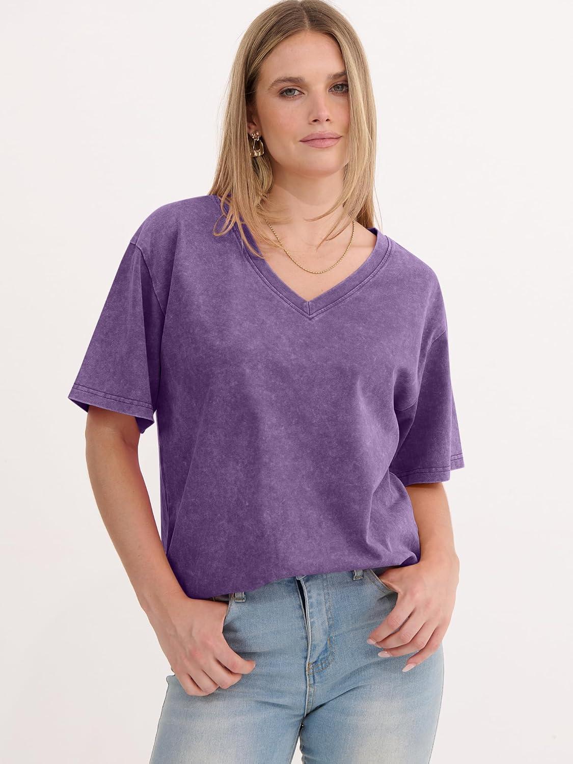 imageANRABESS Womens Oversized Acid Washed TShirt Short Sleeve Vintage Casual V Neck Tops 2026 Summer Basic Tee Trendy ClothesPurple