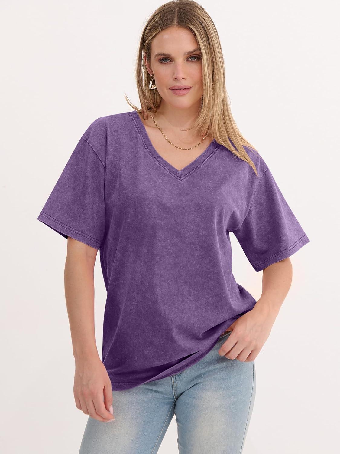 imageANRABESS Womens Oversized Acid Washed TShirt Short Sleeve Vintage Casual V Neck Tops 2026 Summer Basic Tee Trendy ClothesPurple