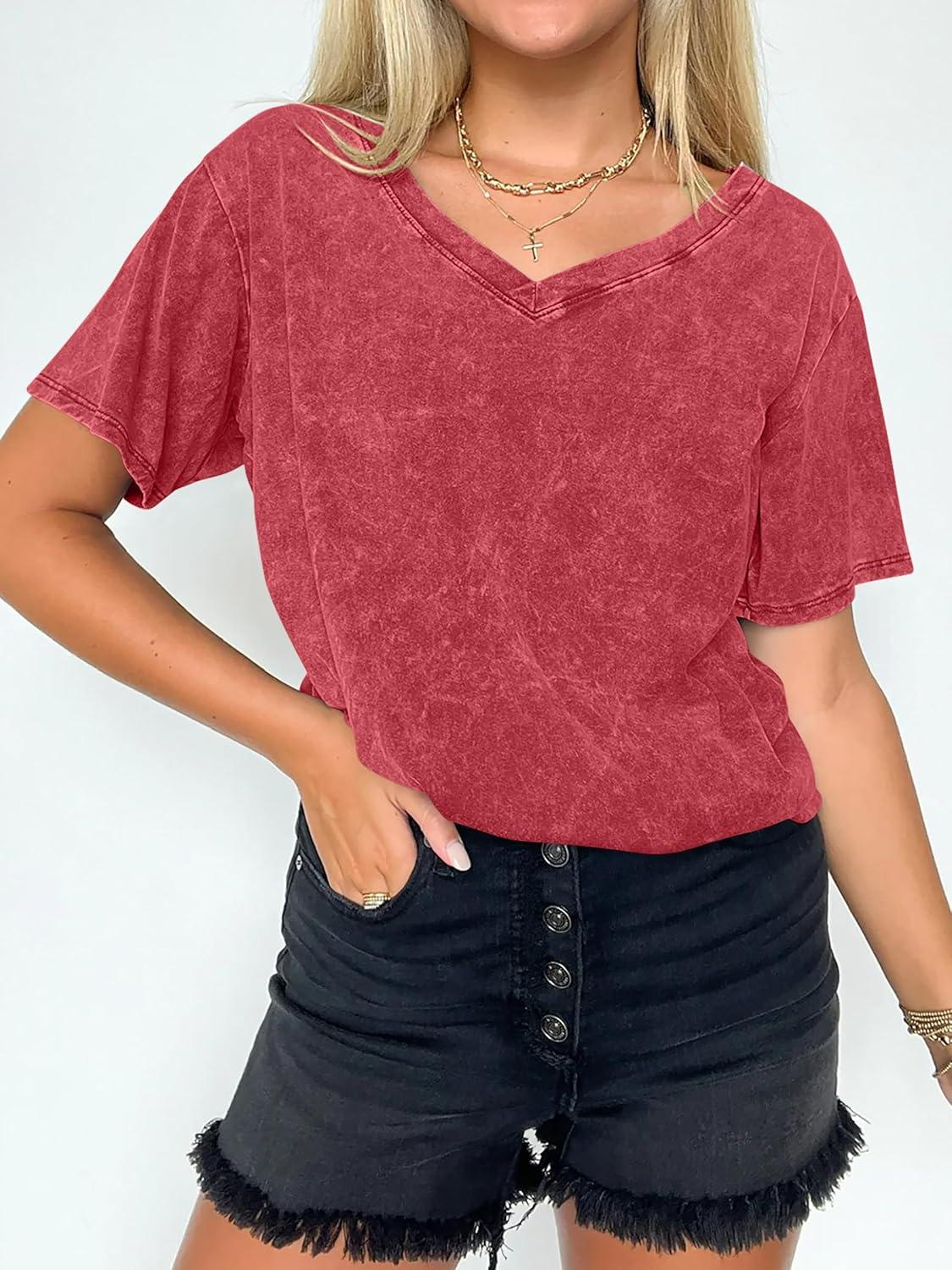 imageANRABESS Womens Oversized Acid Washed TShirt Short Sleeve Vintage Casual V Neck Tops 2026 Summer Basic Tee Trendy ClothesRed