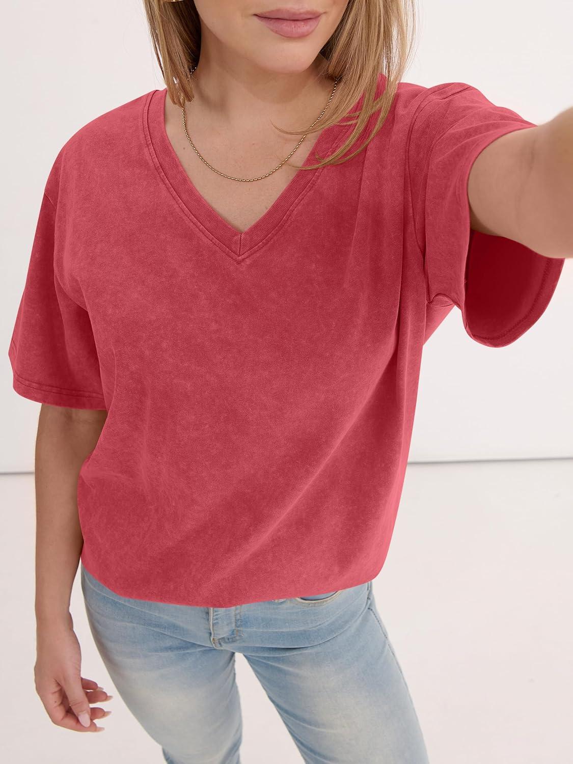 imageANRABESS Womens Oversized Acid Washed TShirt Short Sleeve Vintage Casual V Neck Tops 2026 Summer Basic Tee Trendy ClothesRed