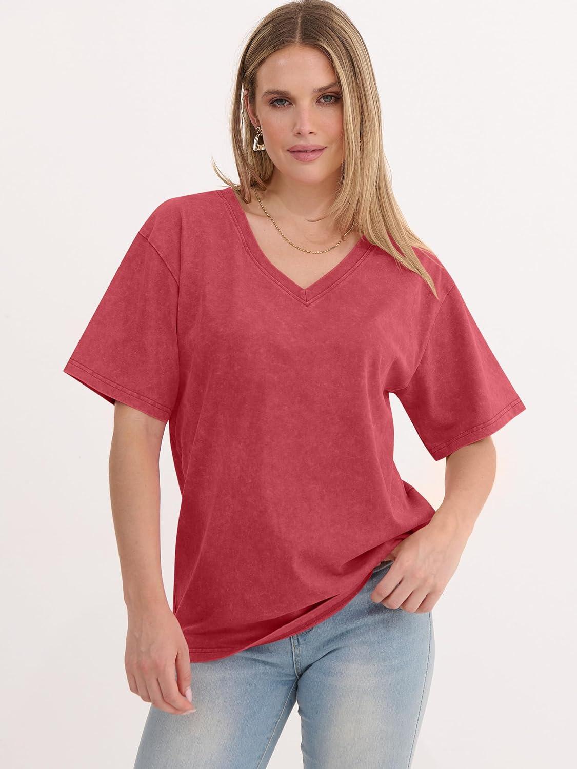 imageANRABESS Womens Oversized Acid Washed TShirt Short Sleeve Vintage Casual V Neck Tops 2026 Summer Basic Tee Trendy ClothesRed
