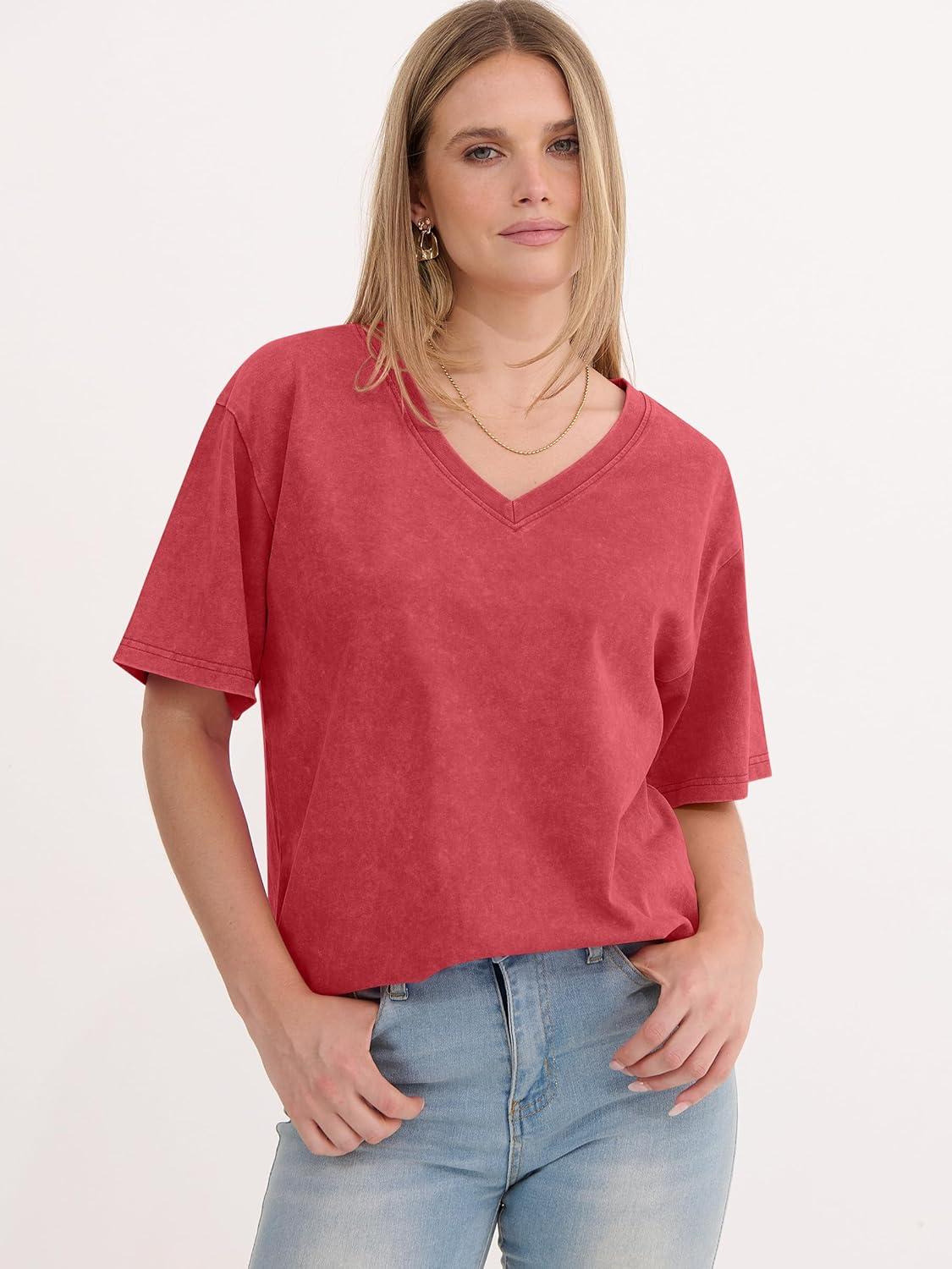 imageANRABESS Womens Oversized Acid Washed TShirt Short Sleeve Vintage Casual V Neck Tops 2026 Summer Basic Tee Trendy ClothesRed