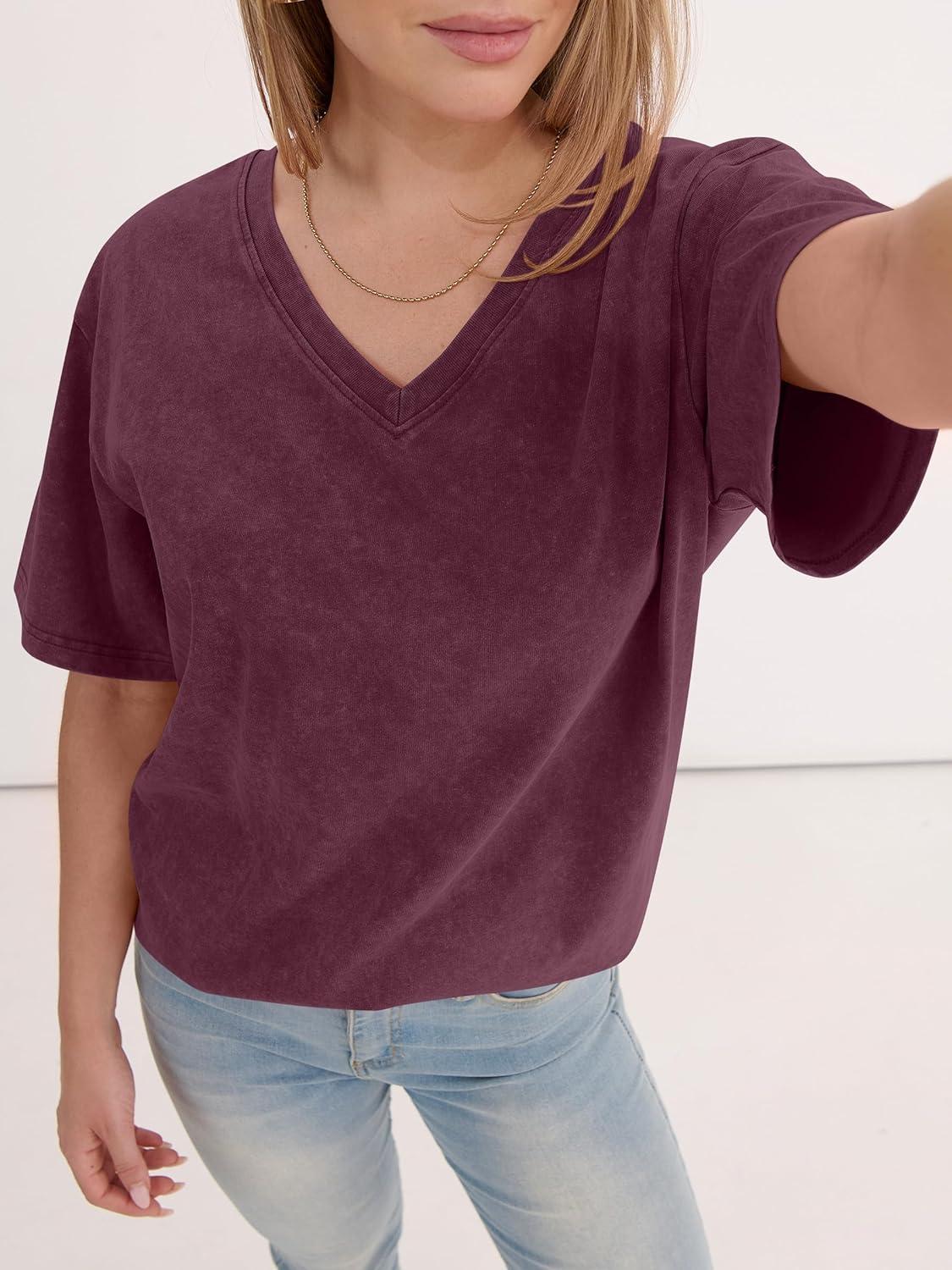imageANRABESS Womens Oversized Acid Washed TShirt Short Sleeve Vintage Casual V Neck Tops 2026 Summer Basic Tee Trendy ClothesRed Brown
