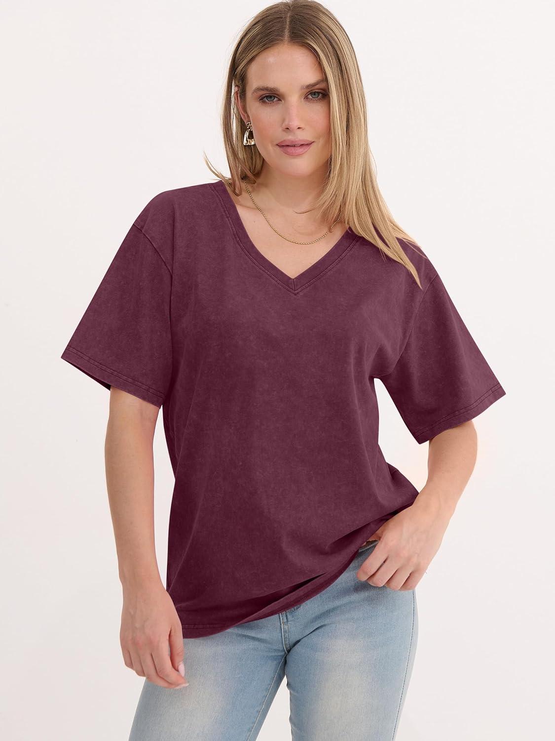 imageANRABESS Womens Oversized Acid Washed TShirt Short Sleeve Vintage Casual V Neck Tops 2026 Summer Basic Tee Trendy ClothesRed Brown