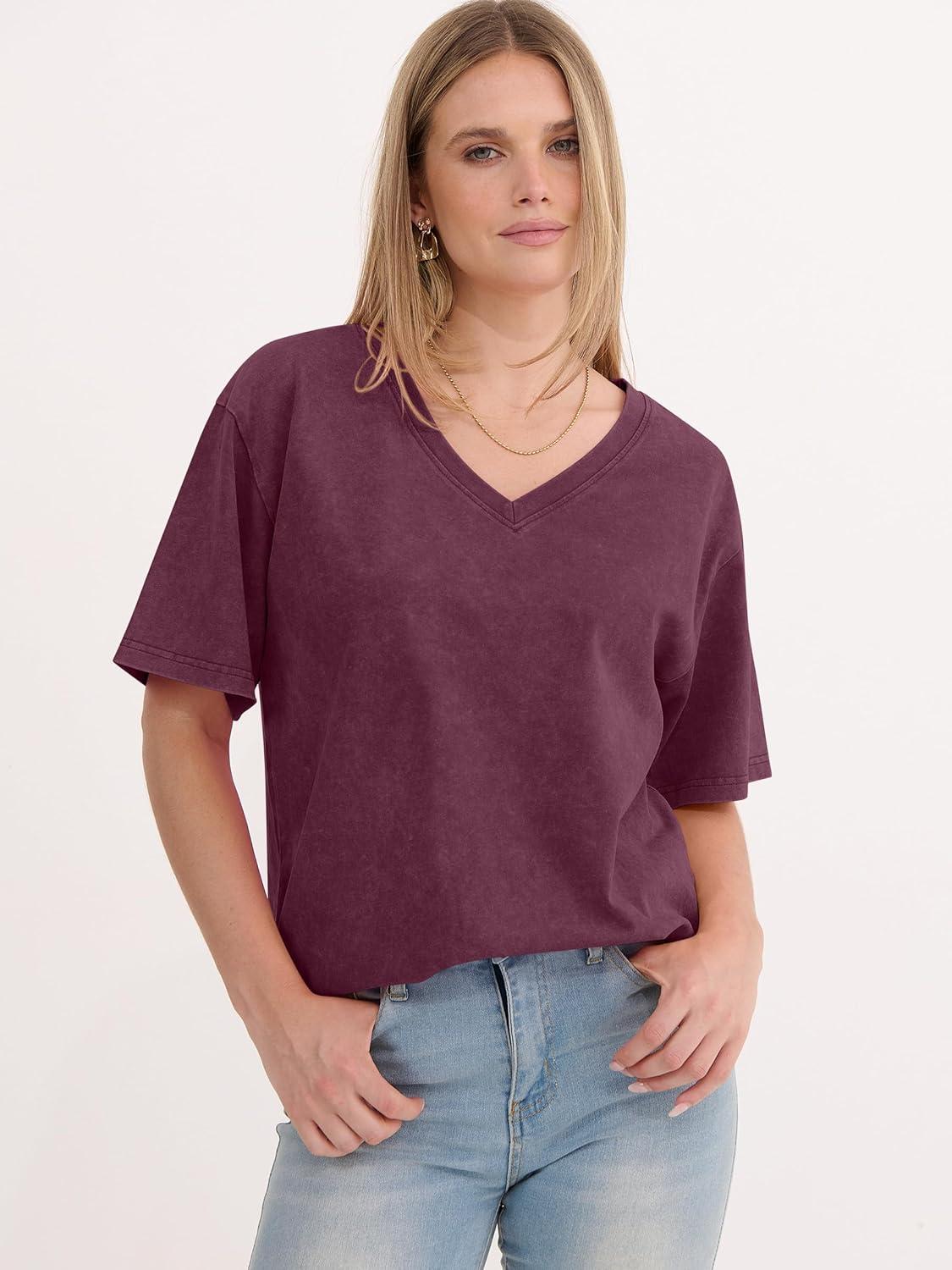 imageANRABESS Womens Oversized Acid Washed TShirt Short Sleeve Vintage Casual V Neck Tops 2026 Summer Basic Tee Trendy ClothesRed Brown