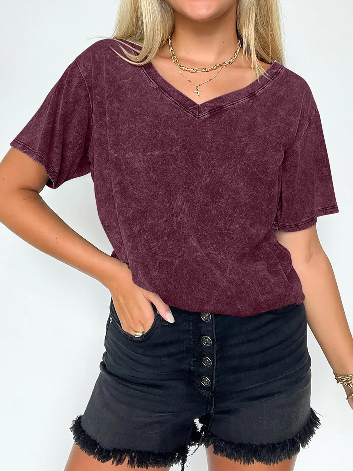 imageANRABESS Womens Oversized Acid Washed TShirt Short Sleeve Vintage Casual V Neck Tops 2026 Summer Basic Tee Trendy ClothesRed Brown