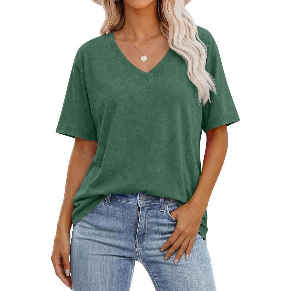 imageANRABESS Womens Oversized Acid Washed TShirt Short Sleeve Vintage Casual V Neck Tops 2026 Summer Basic Tee Trendy ClothesDark Green