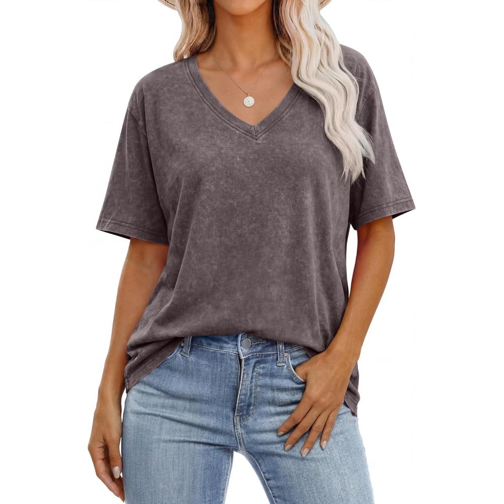 imageANRABESS Womens Oversized Acid Washed TShirt Short Sleeve Vintage Casual V Neck Tops 2026 Summer Basic Tee Trendy ClothesDeep Brown