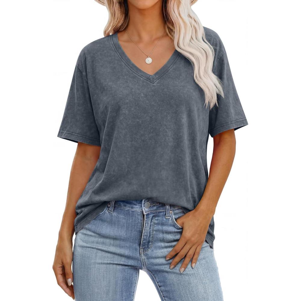 imageANRABESS Womens Oversized Acid Washed TShirt Short Sleeve Vintage Casual V Neck Tops 2026 Summer Basic Tee Trendy ClothesGrey