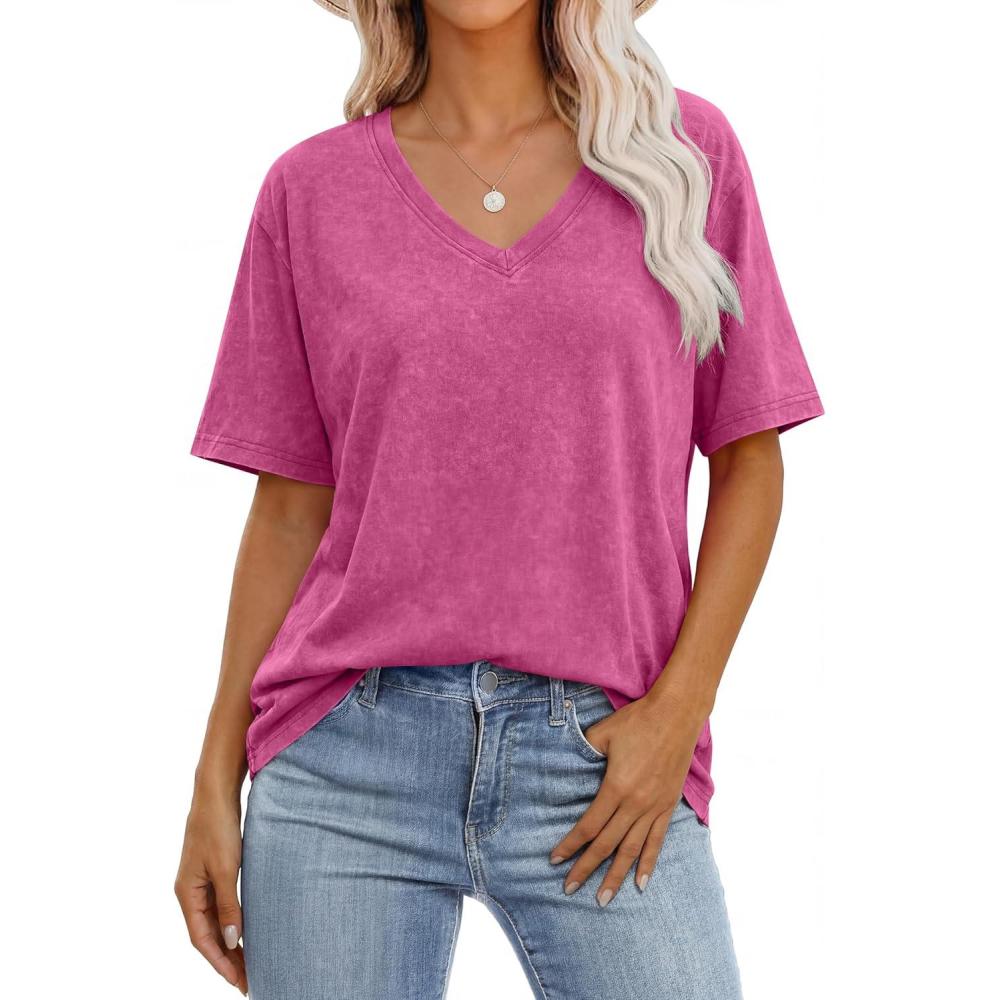 imageANRABESS Womens Oversized Acid Washed TShirt Short Sleeve Vintage Casual V Neck Tops 2026 Summer Basic Tee Trendy ClothesHot Pink